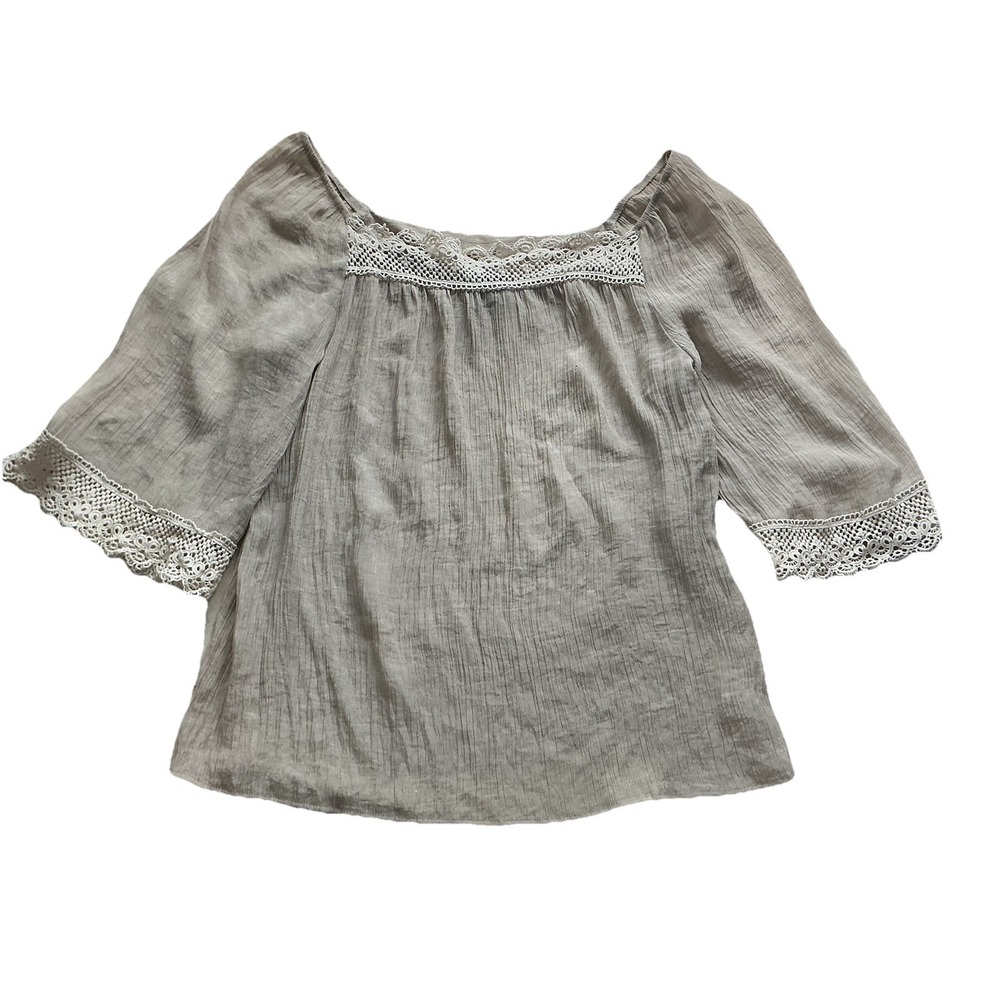 I.N. Studio 3/4 Sleeve Lace Trim Top Beige White NWOT Casual‎ Square Neck XL